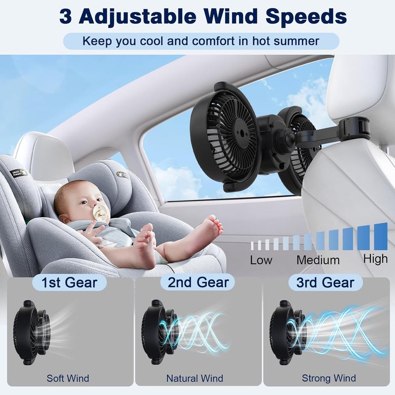 Hayousui Rechargeable Dual-Head Fan for Car: USB Cooling Backseat Fans for Baby with 360° Rotatable 3-Speed Separate Controlled 16H Runtime 5V 2A Auto Electric Air Ventilation Cooler For Vehicle SUV RV Trunk - Image 3